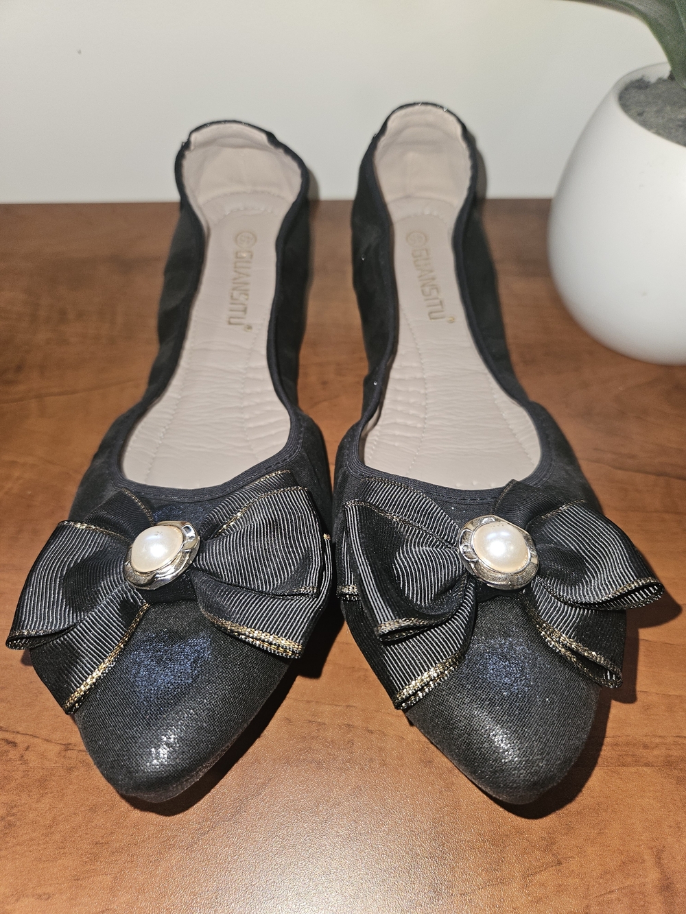 Black Bow-Accent Pointed Toe Flats - Women